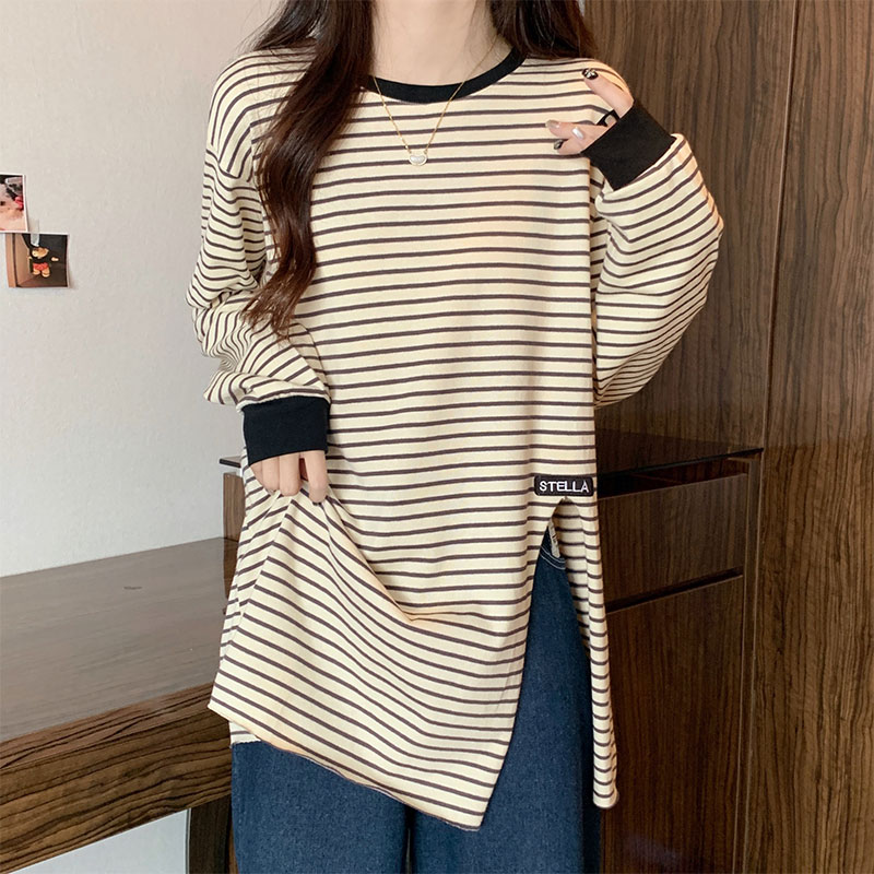 欧货早秋新款打底衫女装长袖条纹宽松显瘦休闲中长款T恤上衣外穿