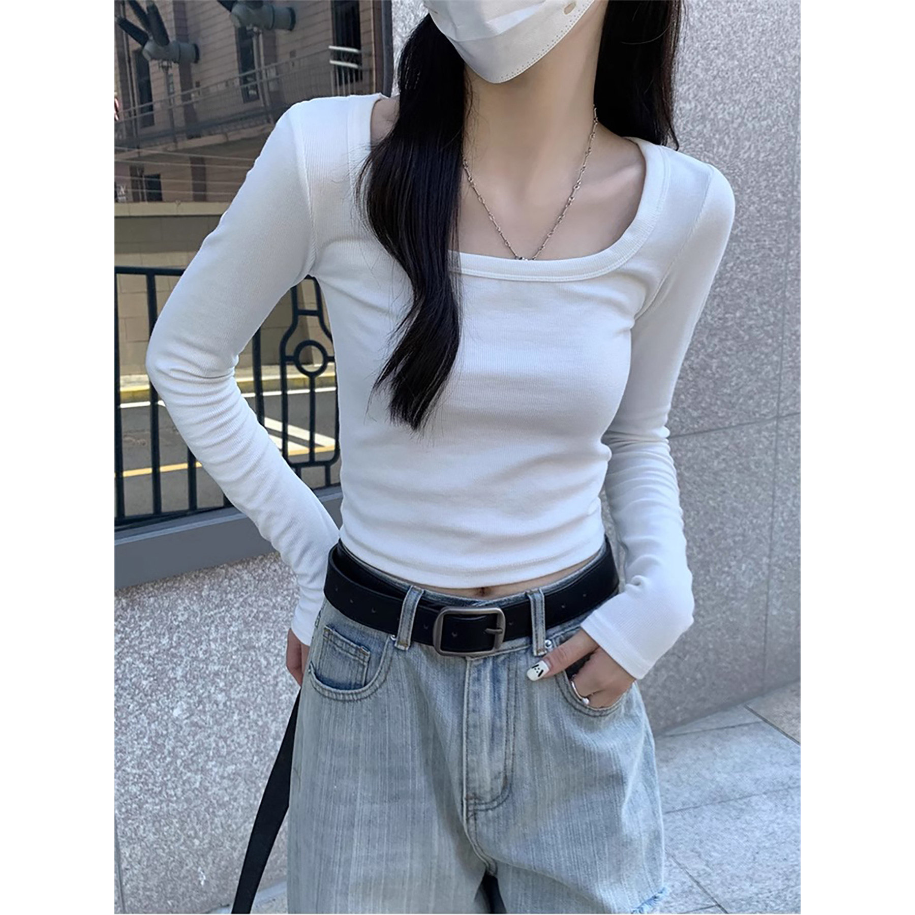 甜辣妹修身内搭短款打底小衫女春秋新款正肩纯欲U领露脐长袖T恤