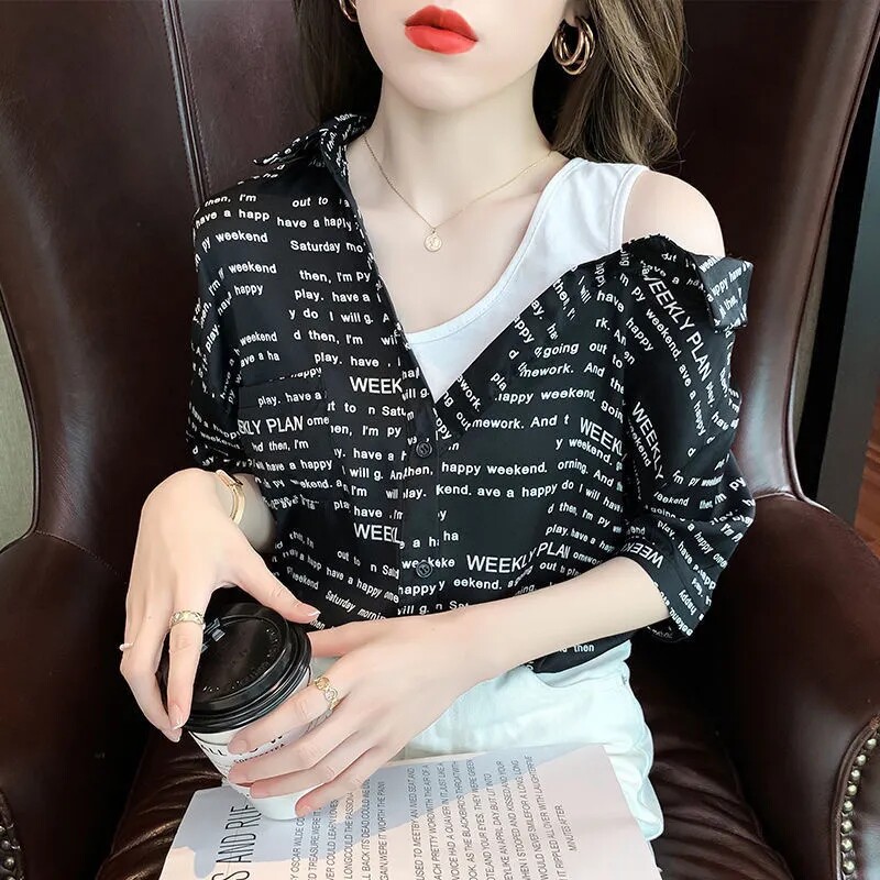 假两件雪纺衬衫短袖T恤女士夏季法式气质衬衣露肩上衣polo领小衫