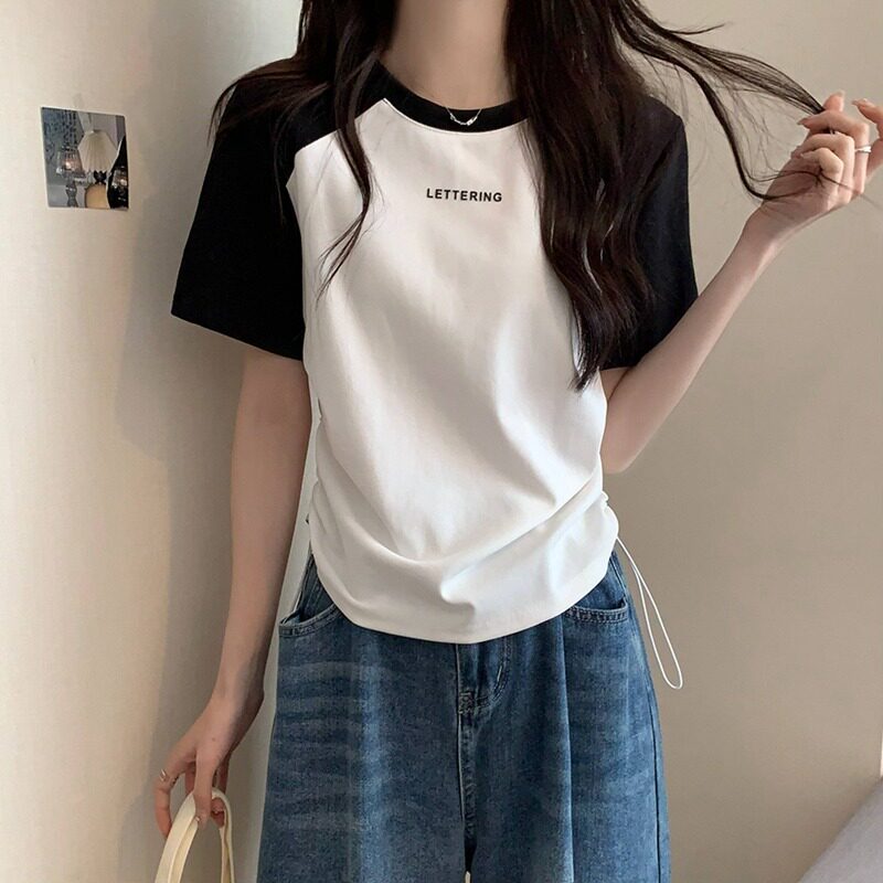 正肩短袖t恤女2026新款夏季学院风减龄收腰抽绳显瘦撞色洋气上衣