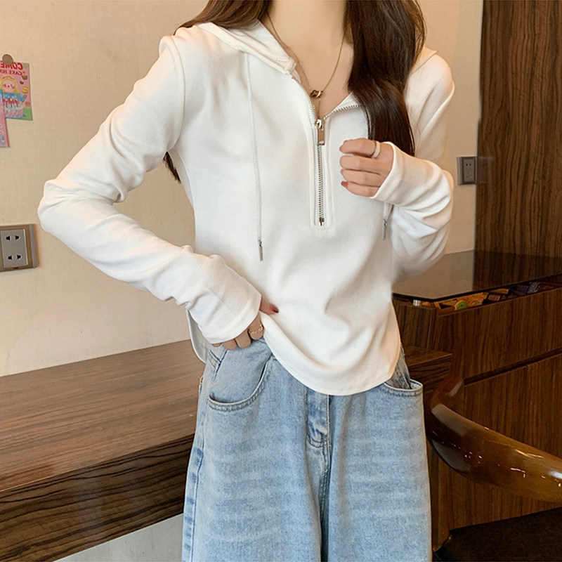 连帽长袖t恤女秋冬季简约小众独特别致设计感上衣修身内搭打底衫