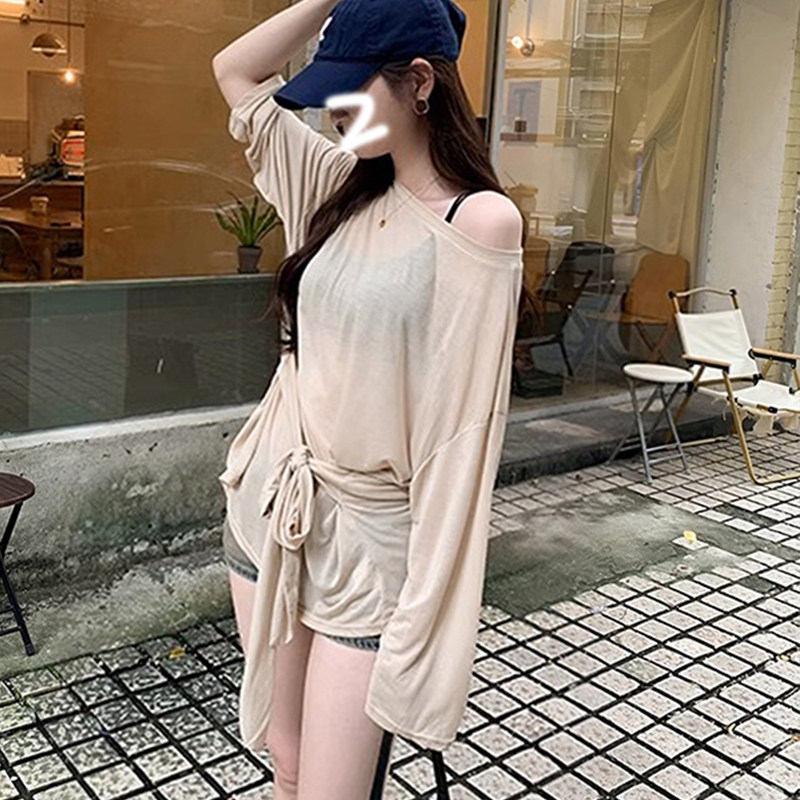 慵懒风卡其斜肩长袖T恤女春秋设计感后被绑带收腰显瘦上衣小个子