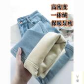 子女裤 加绒加厚直筒牛仔裤 直筒裤 高腰显瘦窄版 女小个子秋冬季