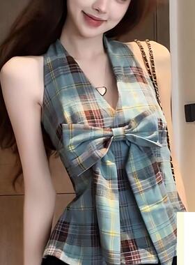纯欲风撞色格子挂脖衬衫背心女2025新款夏季高级感蝴蝶结辣妹上衣