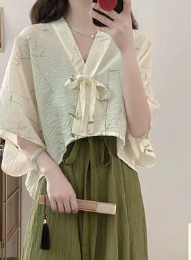 大码胖MM新中式超仙改良汉服过膝显瘦连衣裙国风开衫两件套装