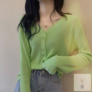 牛油果绿色针织开衫女夏外搭露锁骨上衣冰丝空调衫长袖外套