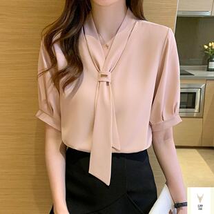 夏季女士雪纺衬衫通勤女装夏装2025年新款潮短袖上衣职业白色衬衣