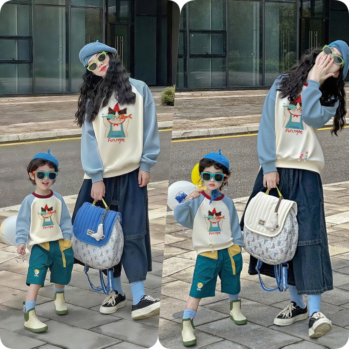 母子母女装卫衣亲子装2025新款一家三口小猫插肩袖男女童百搭时尚