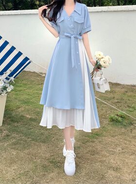 设计感假两件文艺范气质V领衬衫连衣裙女夏季法式温柔收腰长裙子