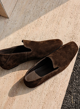 Mia老钱风法式真皮手工缝线方头平底单鞋女气质名媛一脚蹬乐福鞋