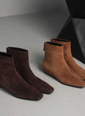 MIA羊反皮x牛皮里 法式小方头小短靴瘦瘦靴后拉链2025年冬季韩系