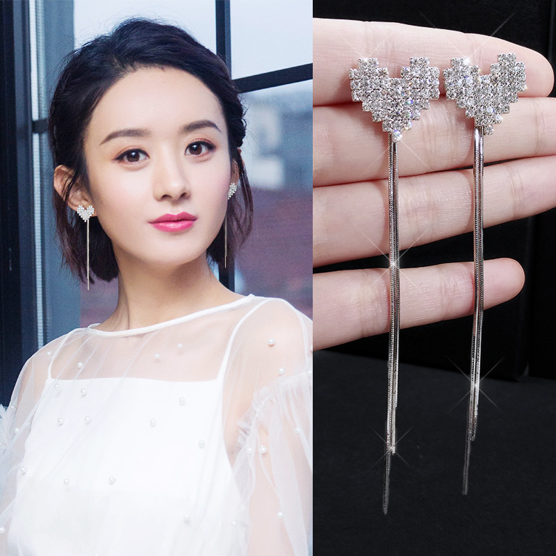 银色耳环s925银针漂亮两戴款爱心赵丽颖冬天防过敏长款流苏耳坠女