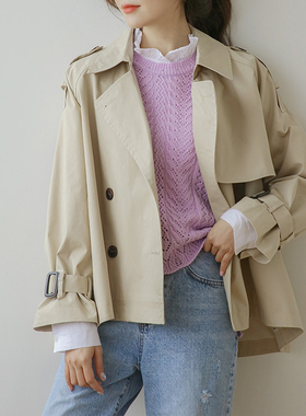 韩国女装矮个子显高春秋风衣宽松显瘦防风百搭青春时尚亮米色外套