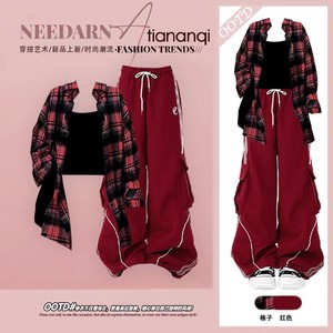 夏季套装女2025新款时尚格子衬衫内搭背心搭高腰显瘦工装裤三件套