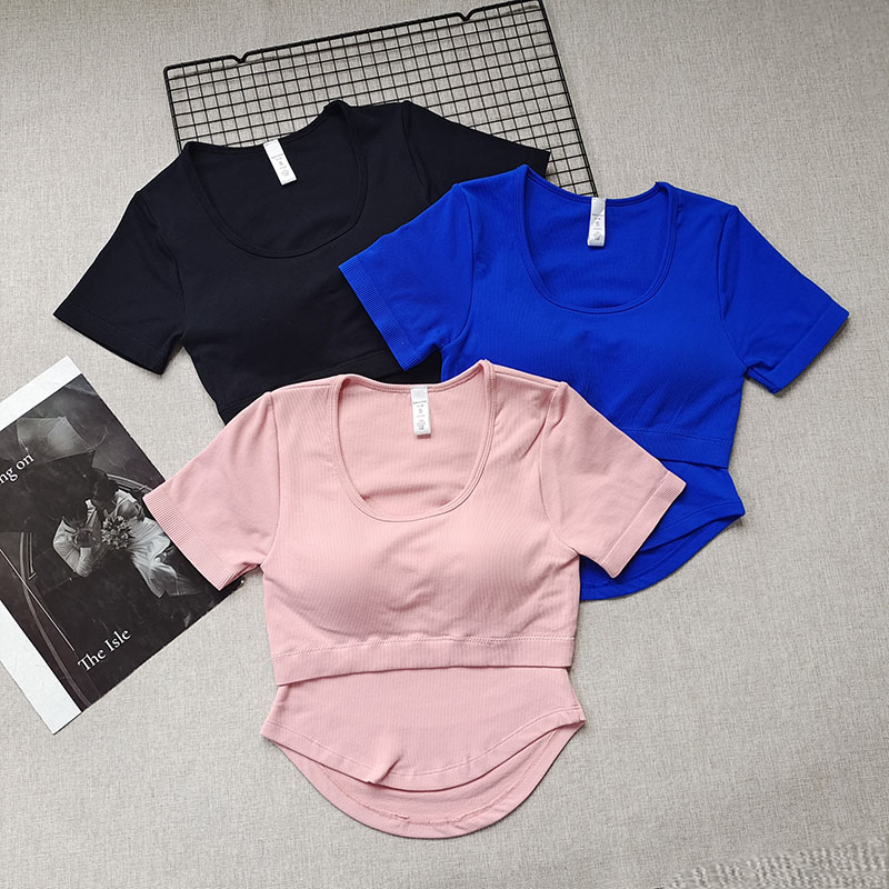 短袖带胸垫女一体式瑜伽服速干