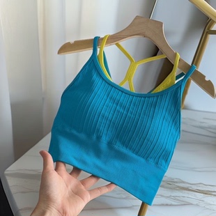 固定一体式 撞色透气吸汗防震瑜伽文胸假两件美背健身运动背心女