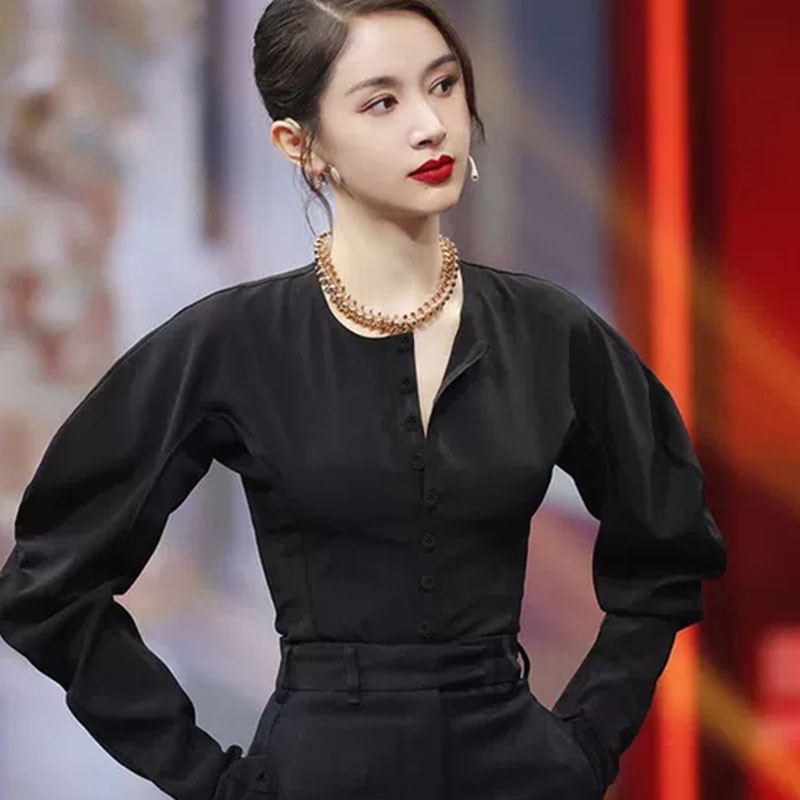 王子文明星同款衣服穿搭春秋季法式泡泡袖修身长袖显瘦韩版衬衣女