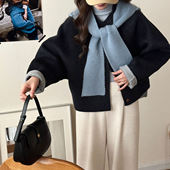 撞色可拆卸针织围巾帽毛呢外套2025冬韩系双面羊毛大衣女短款 潮女