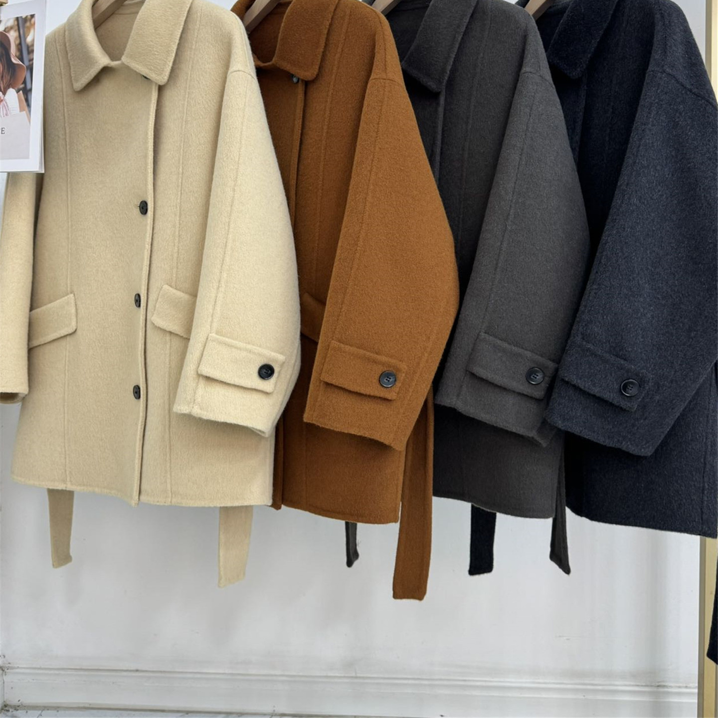 新款秋冬炭黑色立领双面羊绒大衣