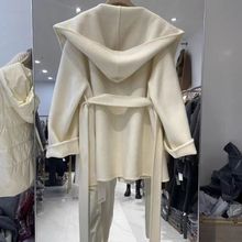 韩版秋冬新款斗篷连帽毛呢外套羊毛双面呢羊绒大衣中长款小个子女