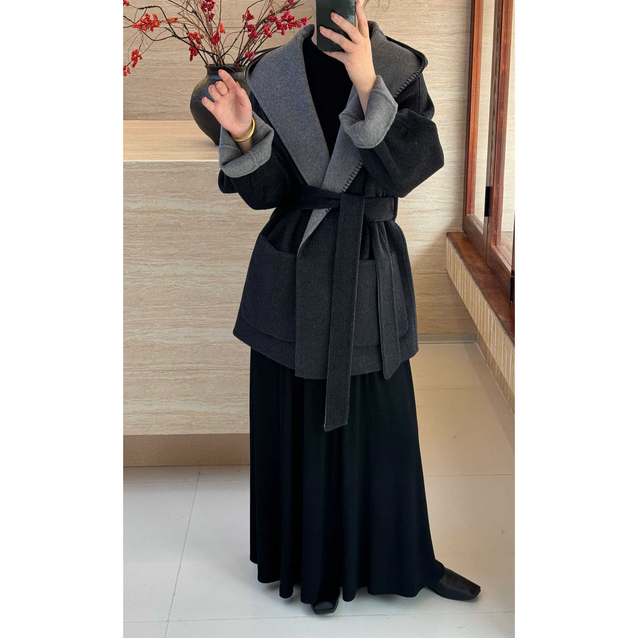 2025秋冬宽松双色AB面设计感连帽双面羊毛大衣中长款外套女小个子