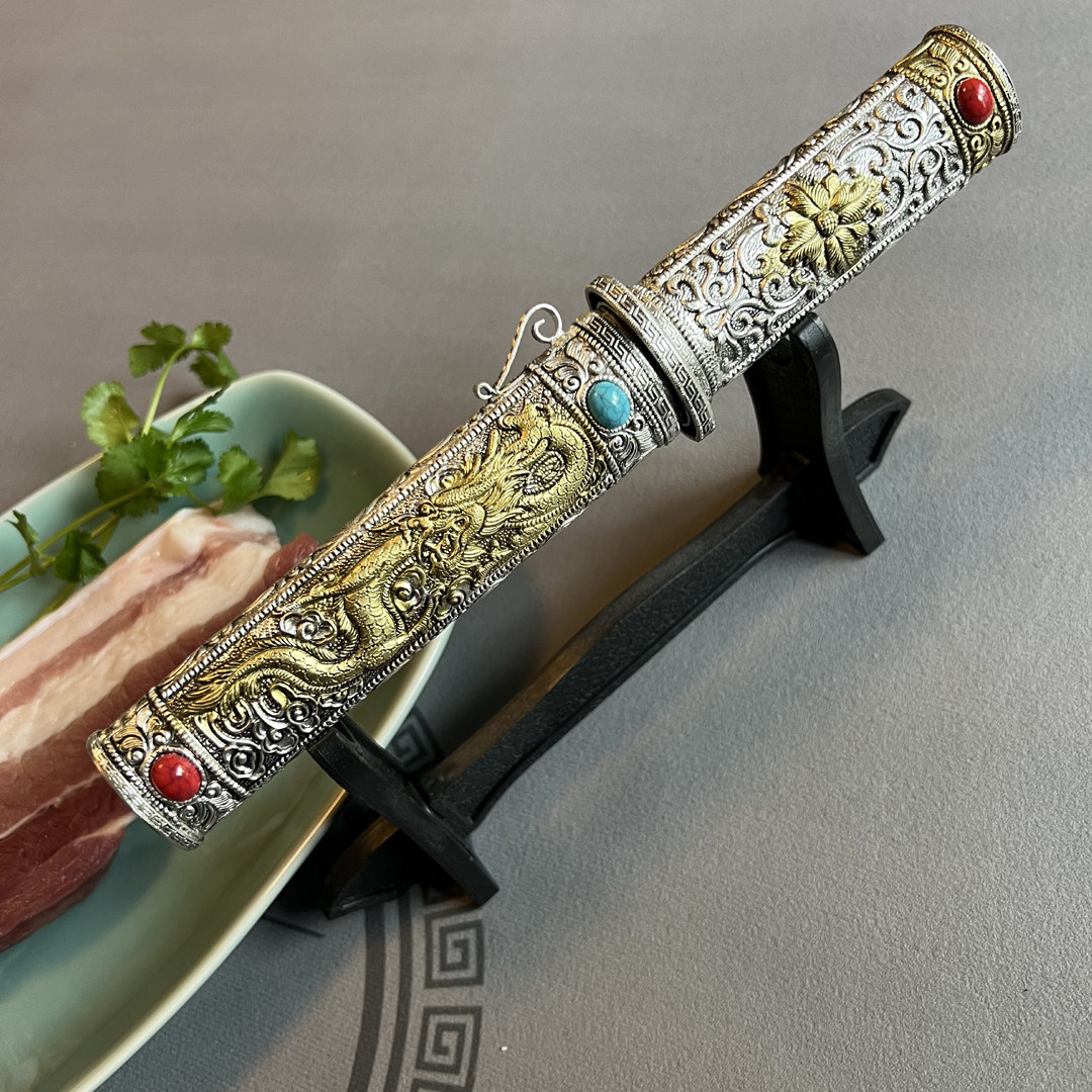 藏区小刀短剑纯手工一体龙凤直短刀藏饰品收藏工艺品摆件未开刃