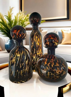 中古法式带球形盖子玻璃花瓶家居豹纹艺术样板间轻奢高级装饰摆件