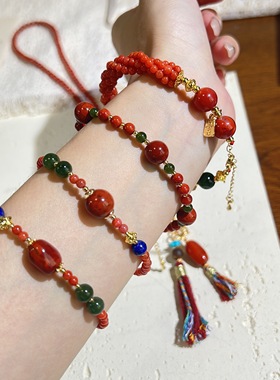 新中式南红玛瑙串珠手链女轻奢复古手饰显白气质国风叠戴手串