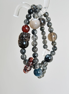 天然黑发晶红石榴石蓝晶白水晶石灰月光茶晶手串双圈