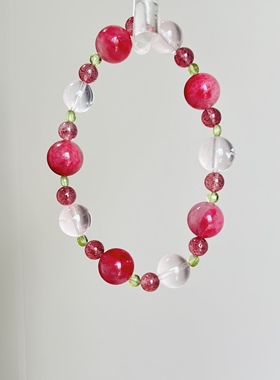 【桃之夭夭】天然粉水晶樱花雨草莓晶橄榄石粉嫩配色手串单圈清新