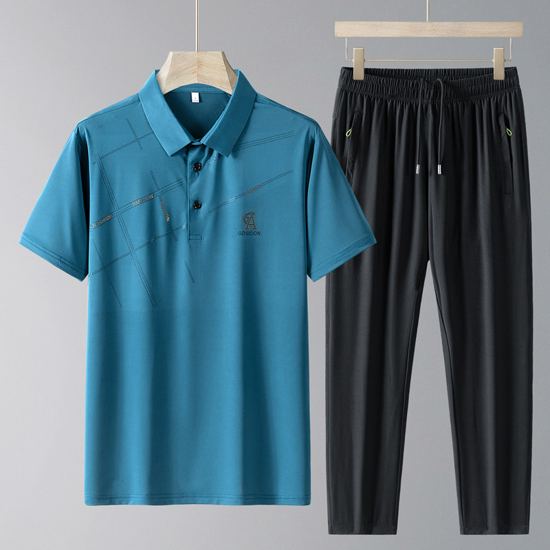 中老年polo衫短袖长裤套装男款新款套装休闲运动冰丝衣服爸爸装