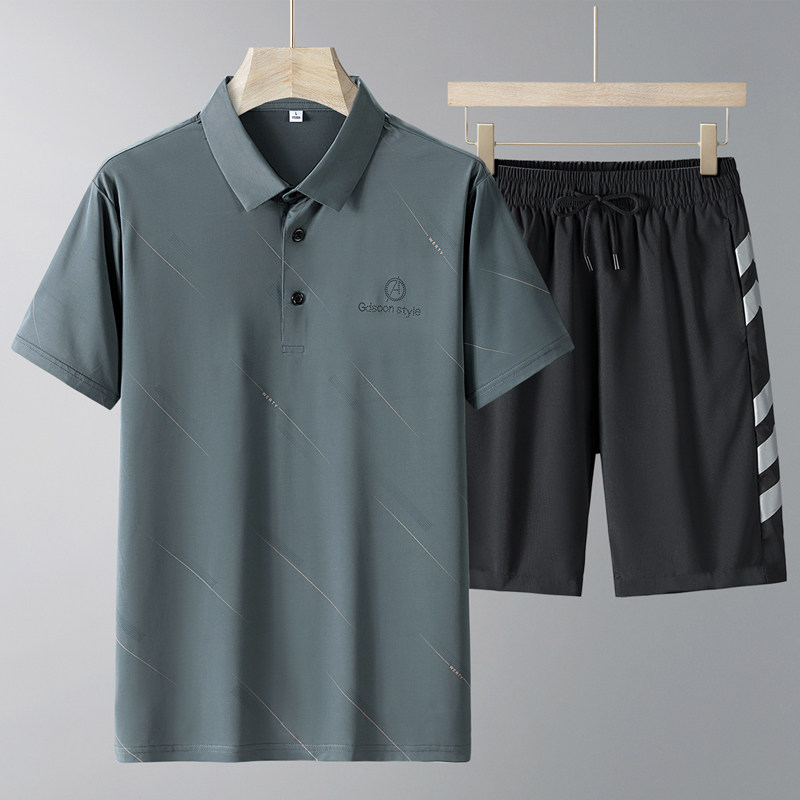 男士夏季冰丝短袖t恤休闲套装弹力薄款中老年运动polo衫两件套