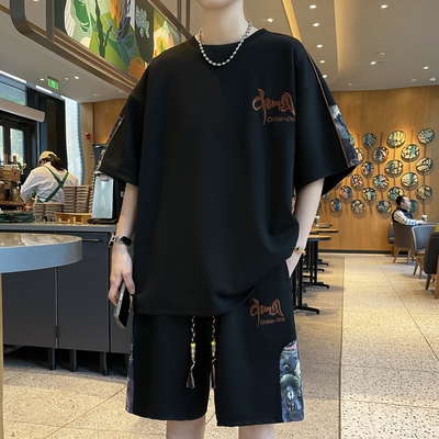 男大码夏季运动短袖套装中国风情大码男装中式刺绣国潮华夫格套装