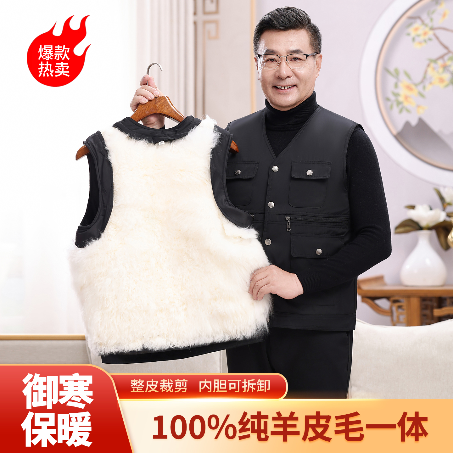 羊皮马甲棉马夹皮毛一体冬季