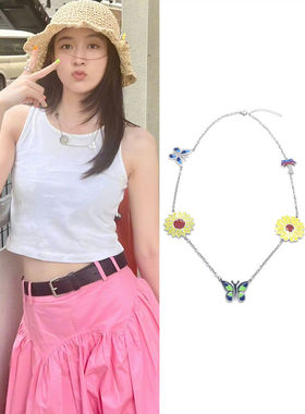 张雪迎同款雏菊花朵蝴蝶钛钢项链圈椰树国潮酷轻奢颈锁骨饰品