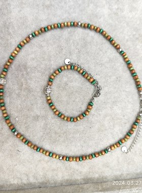 原创新中式设计檀木咖意尚绿幸运项链手链套装圈锁骨链饰品