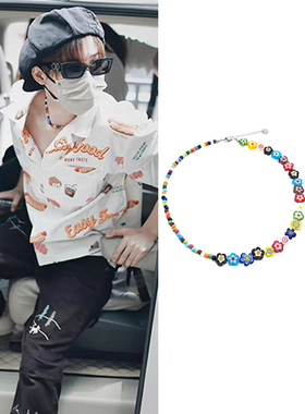 檀健次同款琉璃彩色花朵串珠项链圈锁骨链多巴胺街拍气质男女饰品