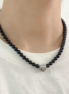 AC原创设计黑玛瑙钛钢爱心吊坠项链圈男女不退色配饰轻奢潮流