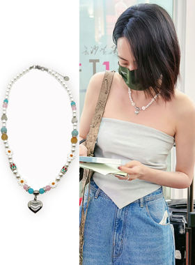 刘惜君同款贝壳花朵珍珠透流彩蓝粉爱心项链圈环锁骨小众饰品