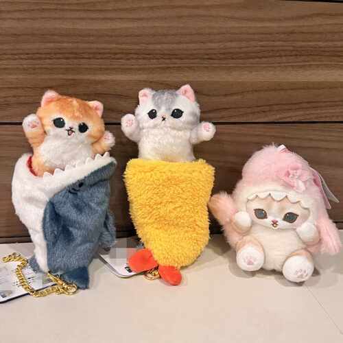 实拍-日本猫26年猫咪炸虾猫毛绒公仔可伸缩钥匙扣挂件背包挂饰