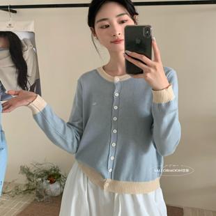 想象家SAILORMOON韩系简约撞色圆领针织长袖开衫女宽松显瘦上衣