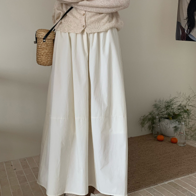 韩系设计感拼接白色松紧腰半裙