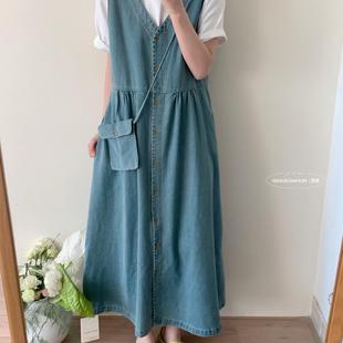 想象家SAILORMOON韩系简约时尚早春新款V领牛仔背心裙连衣裙女装