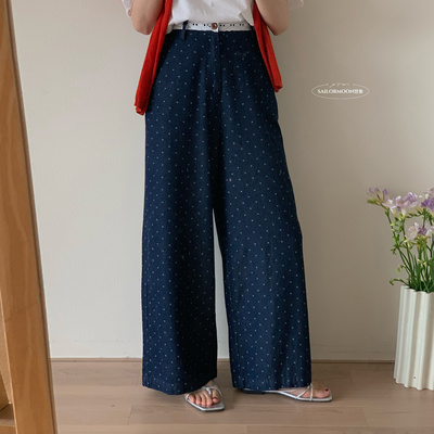 蕾丝拼接波点阔腿直筒牛仔裤女潮