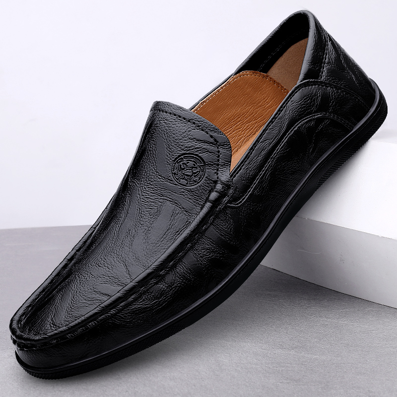 休闲皮鞋男真皮透气一脚蹬豆豆鞋