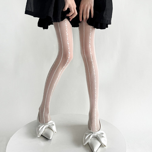 春夏新品复古奶白竖纹蕾丝打底袜女薄款甜美纯欲显瘦丝袜性感黑色