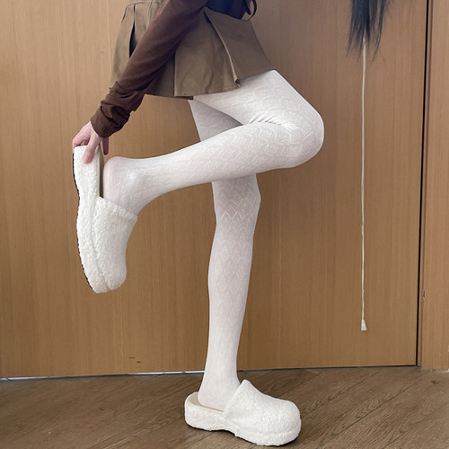 小众复古暗花秋显瘦白色连裤袜日系提花奶白色丝袜加厚打底袜子女