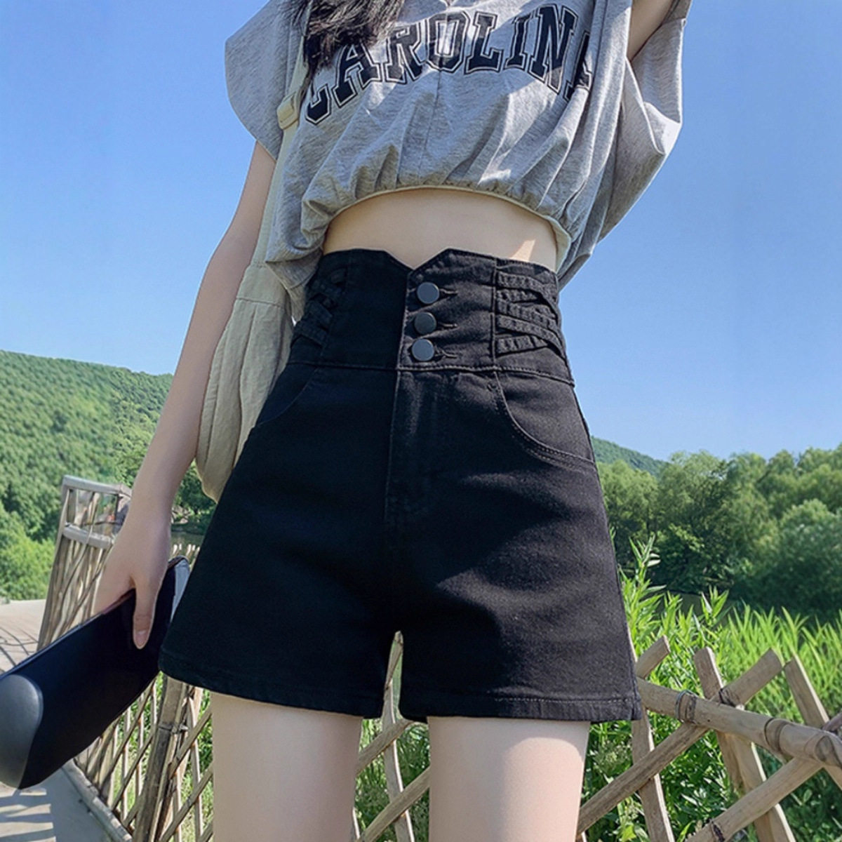 弹力黑色牛仔短裤女春秋大码胖mm外穿排扣收腹超高腰阔腿a字热裤