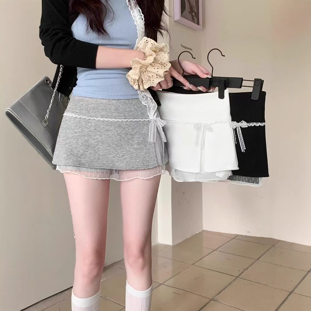 韩系拼接蕾丝边半身裙女蝴蝶结春新款甜辣妹高腰防走光包臀短裙裤