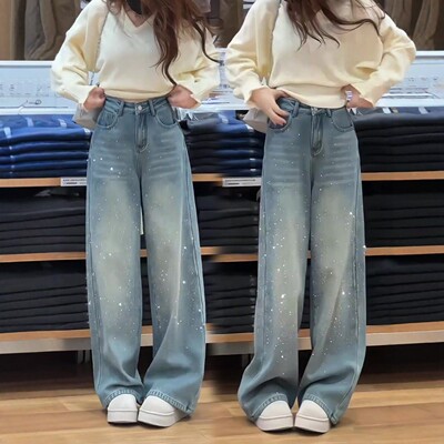 爆闪满天星烫钻直筒牛仔